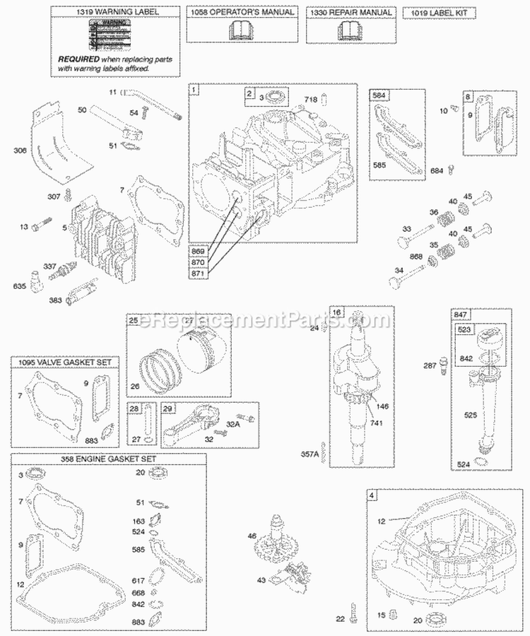 Cams Crankshaft Cylinder Engine Sump KitGaskets Lubrication Piston Group Valves Diagram and Parts List for 12J702-0639-01  Briggs and Stratton Engine
